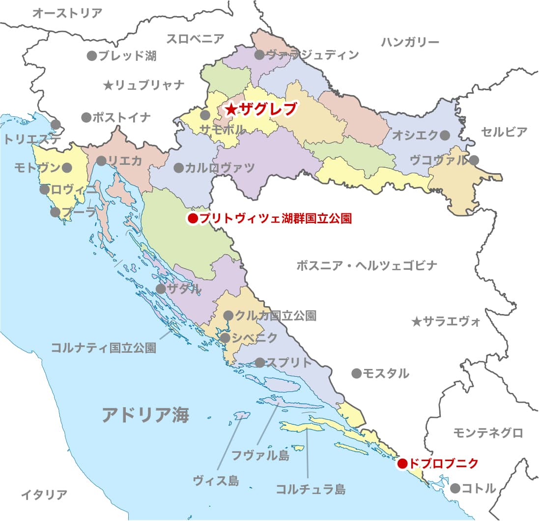 ザグレブ・プリトヴィツェ・ドブロブニク6日間の地図
